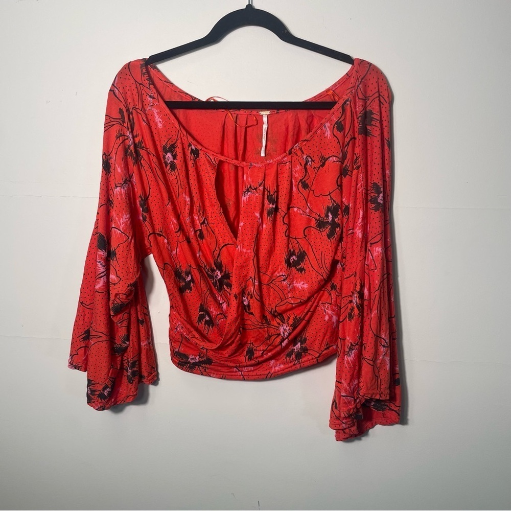 Free People Last Time Orange Print Surplice Bell Sleeve Crop Top - Picture 3 of 6